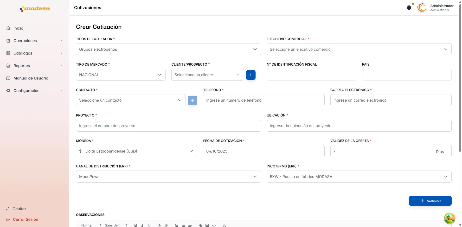 Formulario de creación de cotización